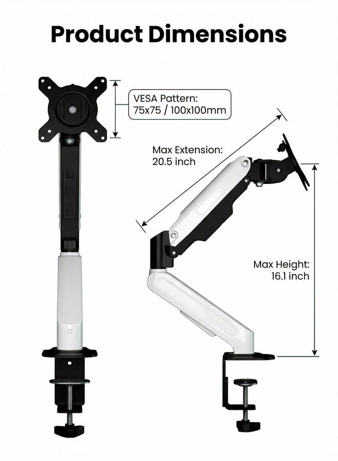 AOR Esports Computer monitor stand, fully movable rotating monitor arm with gas spring, suitable for 17 inch to 32 inch monitors (2kg to 9kg), VESA75*75mm,100*100mm， Monitor stand (white) - Image 4